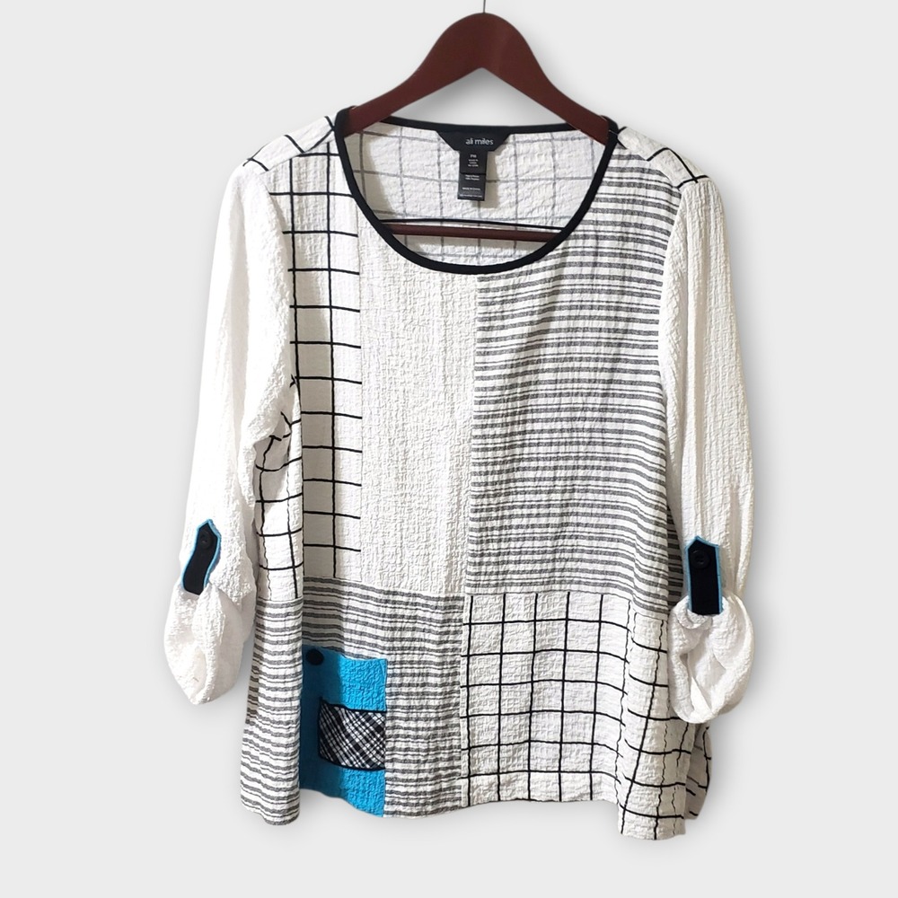 Ali Miles White & Black Patchwork Roll-Sleeve Top with Blue Accents